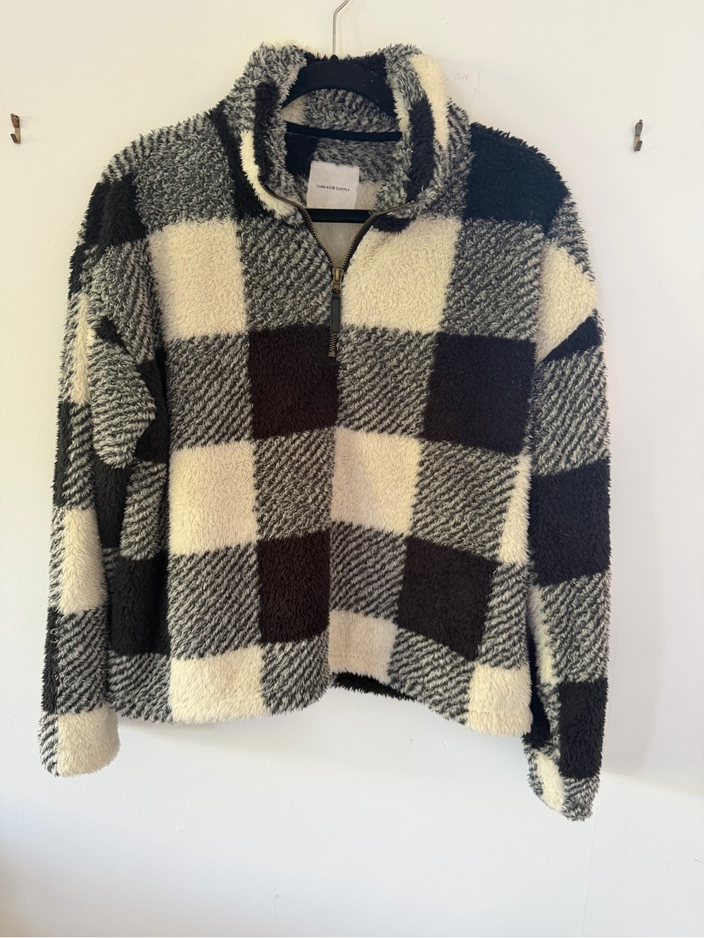 Thread & Supply Black and Cream Checkered Sherpa Half-Zip Pullover